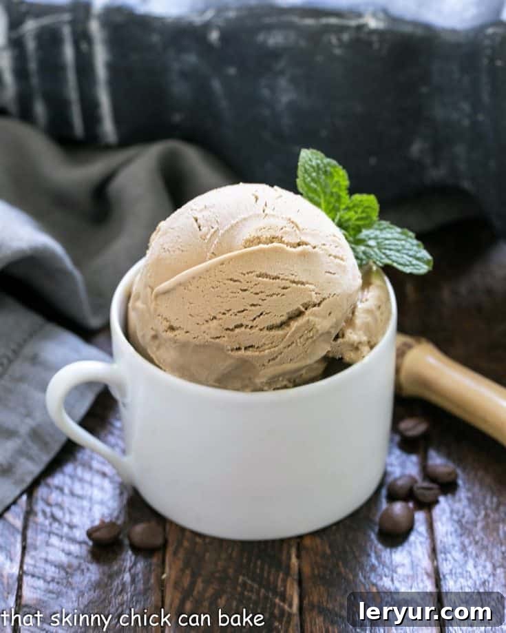 Dark, rich coffee ice cream in a bowl, topped with coffee beans.