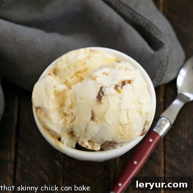 Creamy vanilla ice cream generously swirled with golden caramel sauce.
