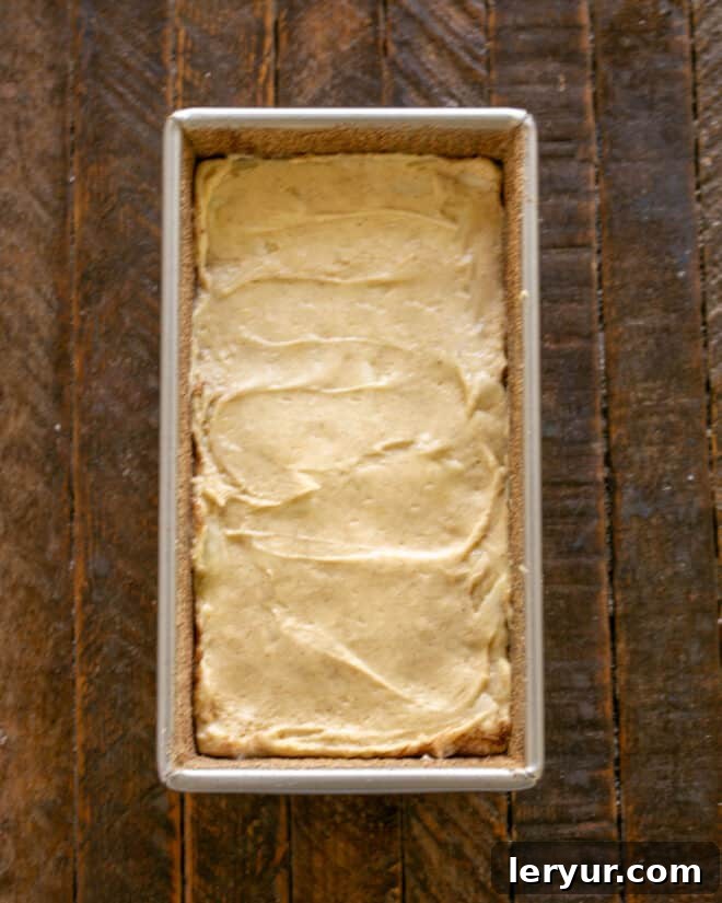 Pear and Sour Cream Loaf 9 Pear bread batter in loaf pan, ready for baking.