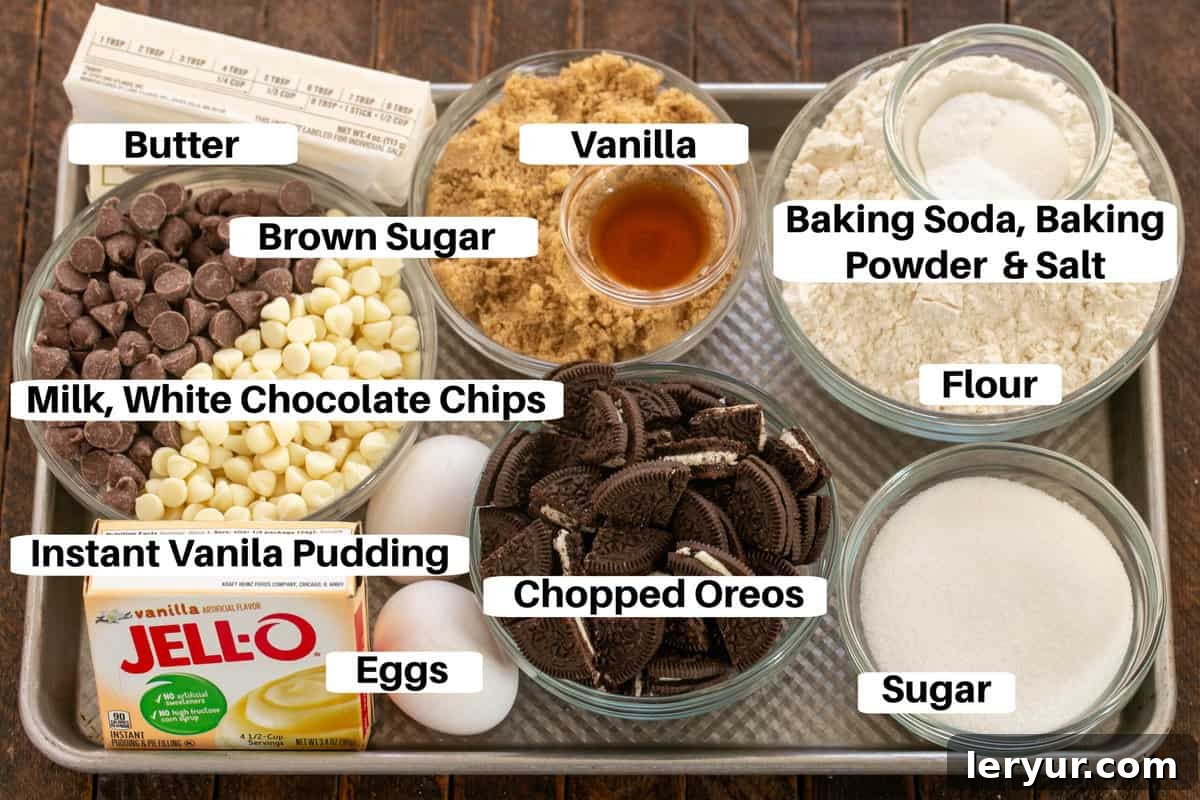 Cookies and Cream Chocolate Chip Bars 2 Ingredients for Oreo chocolate chip cookie bars laid out on a sheet pan with labels.