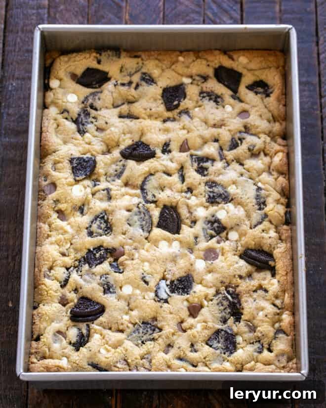 Cookies and Cream Chocolate Chip Bars 9 Oreo chocolate chip bars baking in the oven.