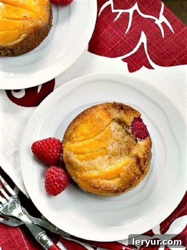 Overhead perspective showcasing beautifully arranged Oven Roasted Peach Cakes on pristine white plates, resting on a charming red and white patterned napkin.