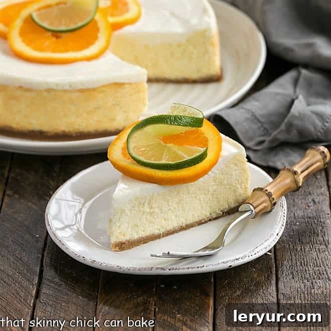 Margarita Cheesecake slice on a white dessert plate garnished with an orange and lime slice in front of the dessert with a slice removed.
