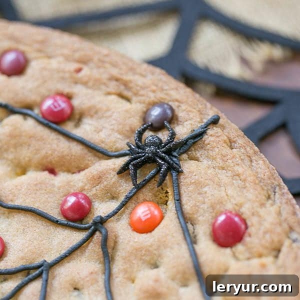 Close up of a Spiderweb Cookie Cake with a plastic spider, showcasing the intricate web design.