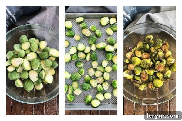 How to Roast Honey Balsamic Brussels Sprouts in the oven in just a few simple steps for maximum flavor and perfect texture A visual guide showing Brussels sprouts transformation from raw, trimmed to tossed with oil and seasonings, and finally, roasted to perfection.