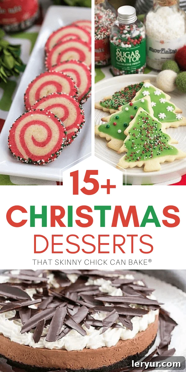 15+ Delicious Christmas Desserts Recipes A collage featuring three festive Christmas desserts: a cranberry white chocolate cookie, sugar cookies, and holiday pinwheel cookies. The text box overlay reads '15+ Delicious Christmas Desserts Recipes'.