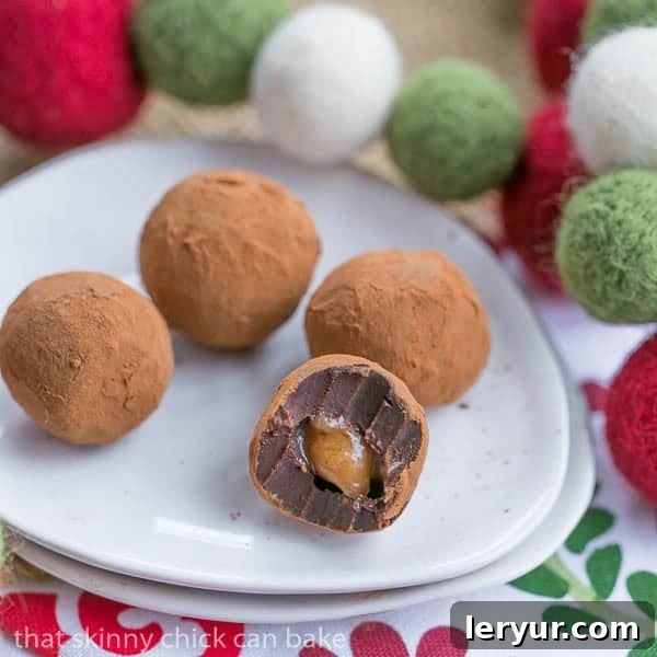 Caramel Filled Chocolate Truffles with interior exposed.