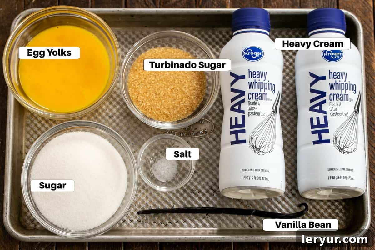The Ultimate Crème Brûlée Guide 2 Creme Brulee Ingredients on a sheet pan with labels.