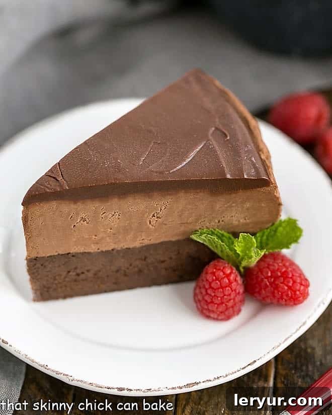 Frozen Chocolate Mousse Cake - An exquisite, frozen, swoon worthy chocolate dessert! Frozen Chocolate Mousse Cake on a white dessert plate with fresh raspberries and mint.