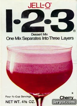 An image of a vintage 1-2-3 Jell-O dessert box from the 1970s, showcasing its original packaging and branding.