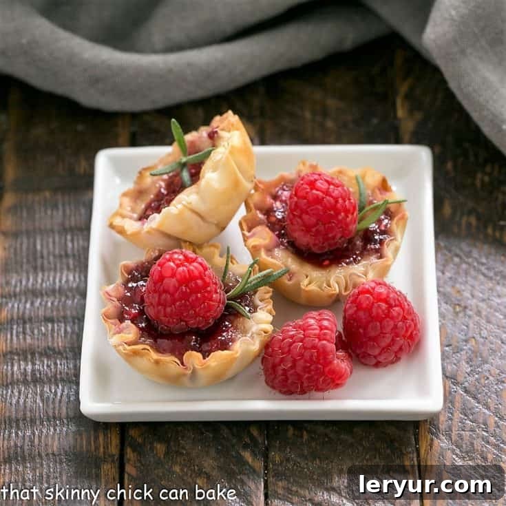 Raspberry Brie Bites on a white square plate, garnished with fresh raspberries and rosemary.