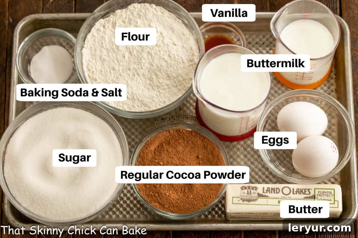 Timeless Chocolate Fudge Indulgence 2 Cocoa Fudge Cake Ingredients laid out on a sheet pan with clear labels for each item, including flour, sugar, cocoa powder, butter, buttermilk, eggs, and vanilla.