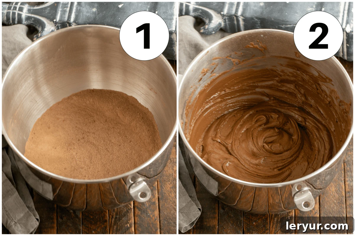 Timeless Chocolate Fudge Indulgence 4 Numbered process shots 1 and 2 for cocoa fudge cake preparation, showing dry ingredients being whisked and then wet ingredients being added.