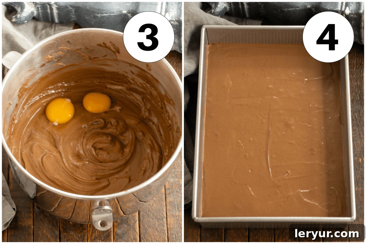 Timeless Chocolate Fudge Indulgence 5 Numbered process shots 3 and 4 for cocoa fudge cake preparation, showing eggs being beaten into the batter and the batter being spread into a pan.
