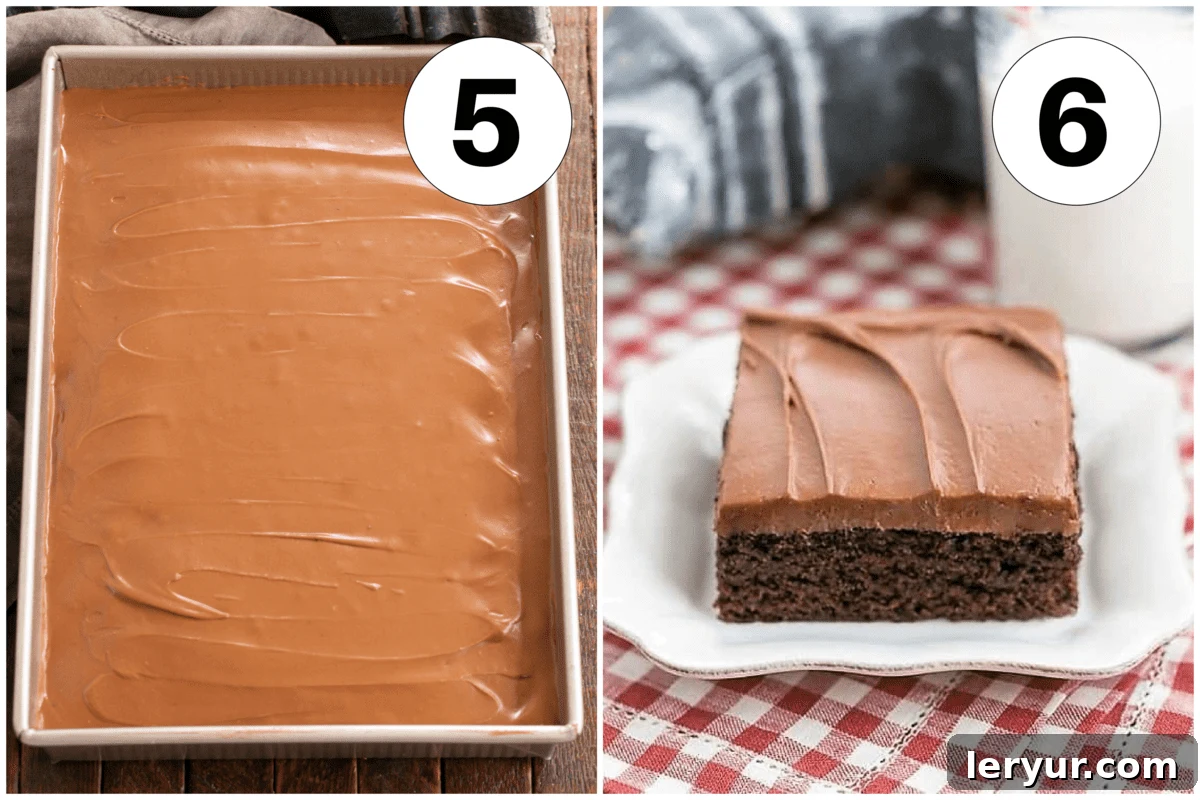 Timeless Chocolate Fudge Indulgence 6 Numbered process shots 5 and 6 for cocoa fudge cake preparation, showing the cake cooling and then being sliced and served.