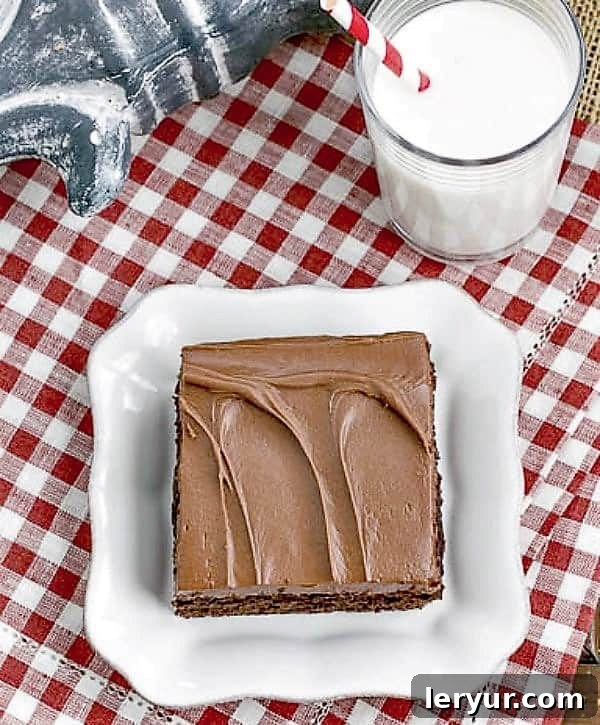 Chocolate Snack Cake - Easy and outrageously delicious! A perfectly frosted slice of Cocoa Fudge Cake on a white dessert plate, with a glass of milk in the background, ready to be enjoyed.