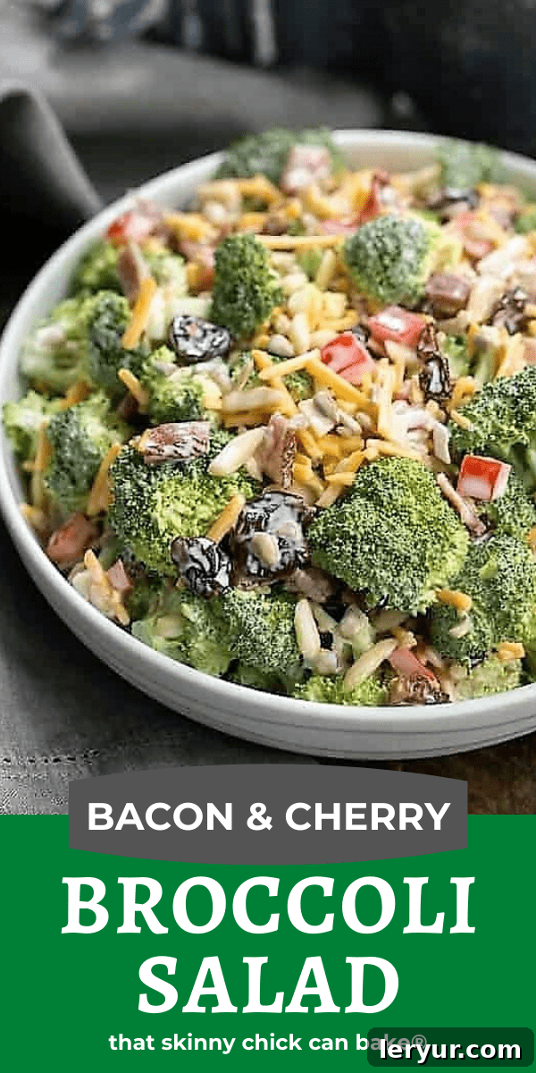 Broccoli Salad with Bacon and Dried Cherries - A classic picnic and potluck salad made even tastier with dried cherries and bacon! It will be the side dish to disappear!!! Broccoli Salad photo collage with ingredients and finished dish.