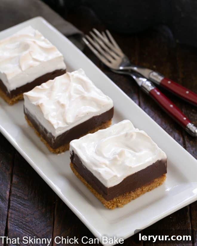 Gooey Smores Fudge Bars 4 Three perfectly cut S'mores Fudge Bars arranged on a elegant white ceramic tray with two forks.