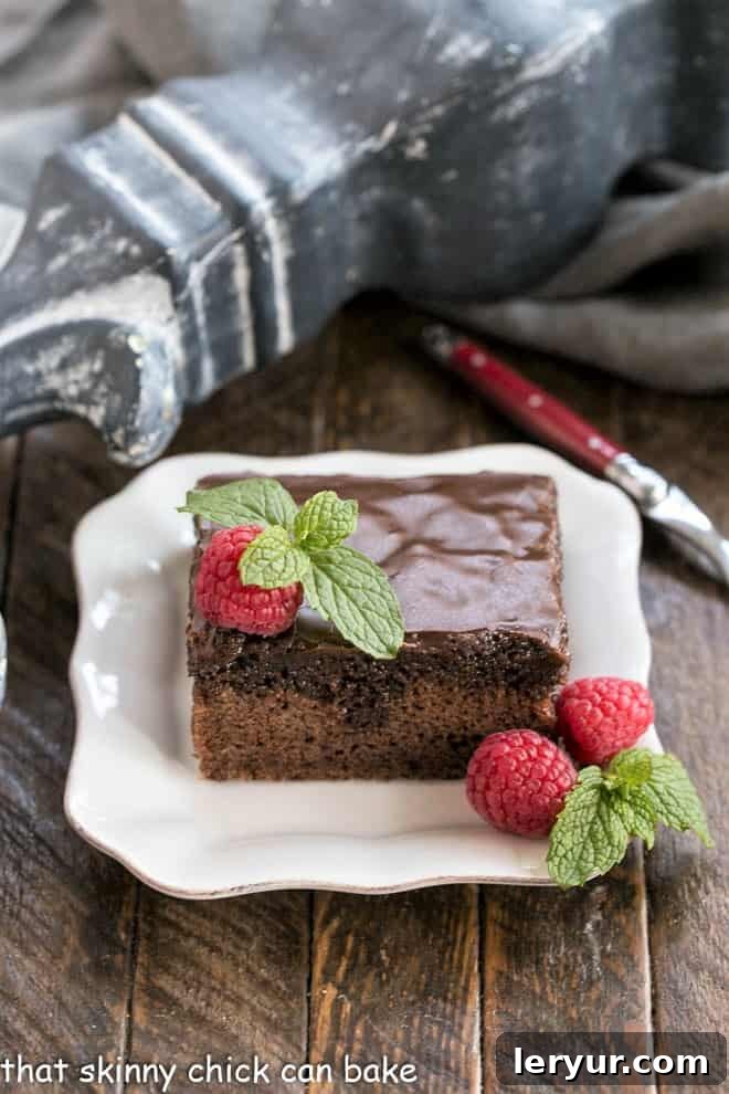 Classic Coca Cola Cake - An incredibly moist, decadent chocolate cake with Coke in the batter and frosting! Coca Cola Cake on a white plate garnished with raspberries and mint.