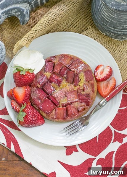 Rhubarb Upside Down Brown Sugar Cake - A seasonal French cake featuring rhubarb Second view of Rhubarb Upside Down Brown Sugar Cake, emphasizing its beautiful caramelization