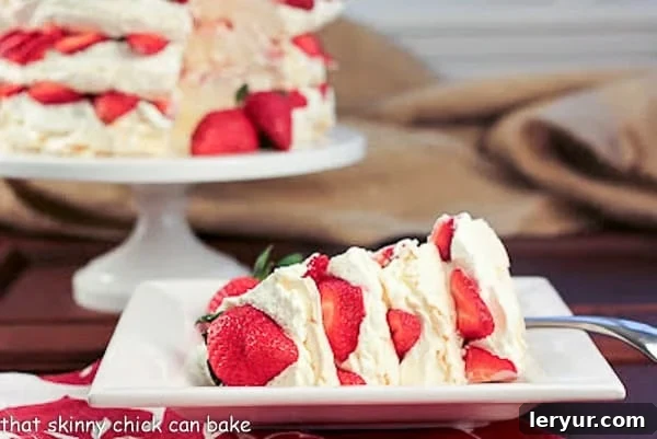 Fresh Strawberry Meringue Cake A charming, slightly vintage photo of the Strawberry Meringue Cake, highlighting its timeless appeal and classic beauty, taken in 2012.