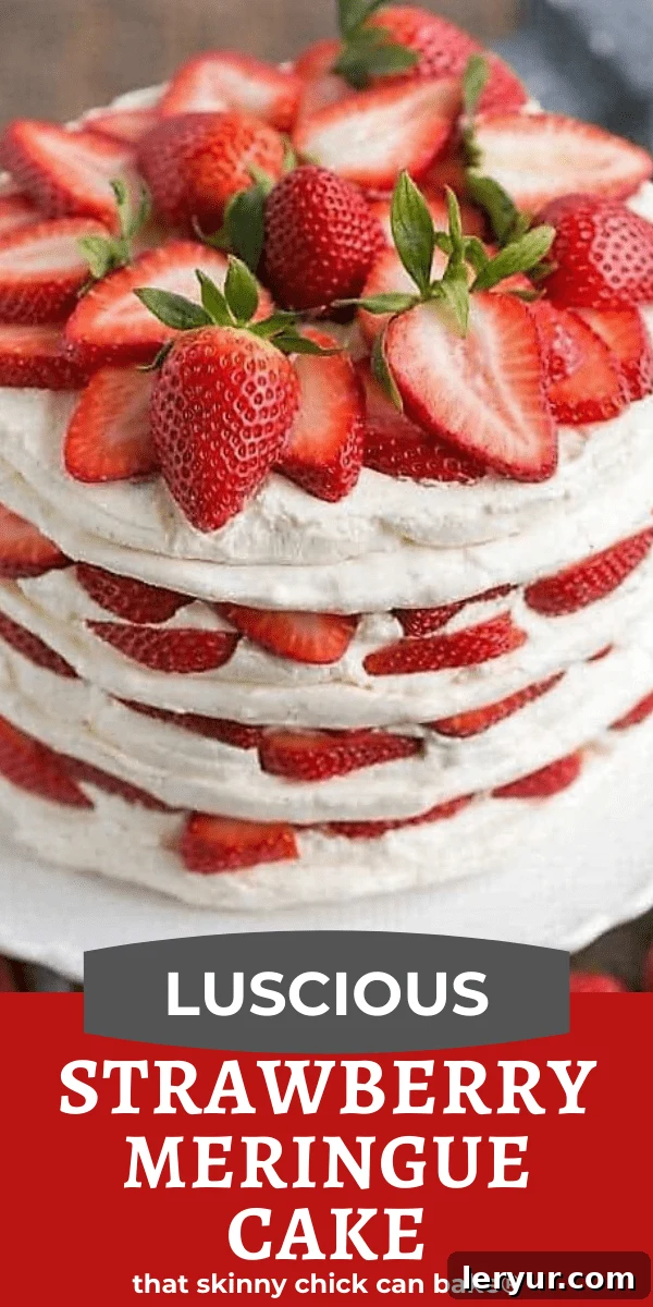 Strawberry Meringue Cake combines four crispy meringues, luscious strawberry slices and sweet, decadent mascarpone cream for the ultimate spring dessert!. #dessert #cake #strawberries #Easter #meringuecake #spring #eggwhites #thatskinnychickcanbake A vibrant and enticing photo collage of Strawberry Meringue Cake, highlighting its luscious layers of crispy meringue, creamy filling, and fresh strawberries. Perfect for sharing on Pinterest and inspiring your next baking adventure!