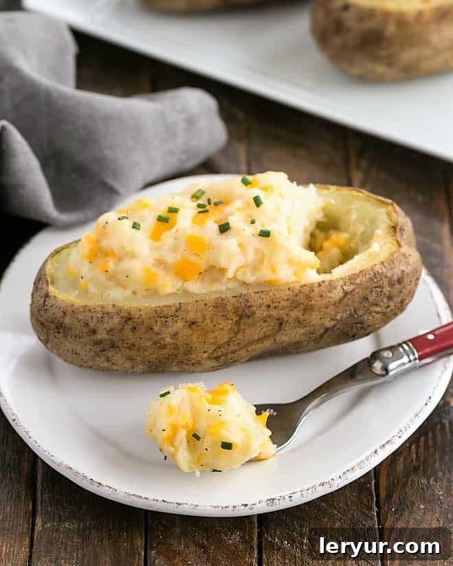 Easy Twice Baked Potatoes on a round white plate garnished with paprika and chives.