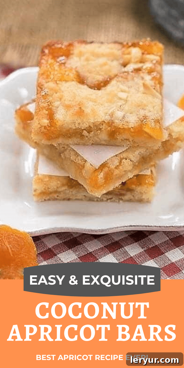 Coconut Apricot Bars - Scrumptious layered bars with coconut, almonds and apricot preserves #barcookies #coconut #apricot #almonds #dessert #apricotbars #thatskinnychickcanbake A collage of Coconut Apricot Bars photos with text overlay, highlighting key ingredients.