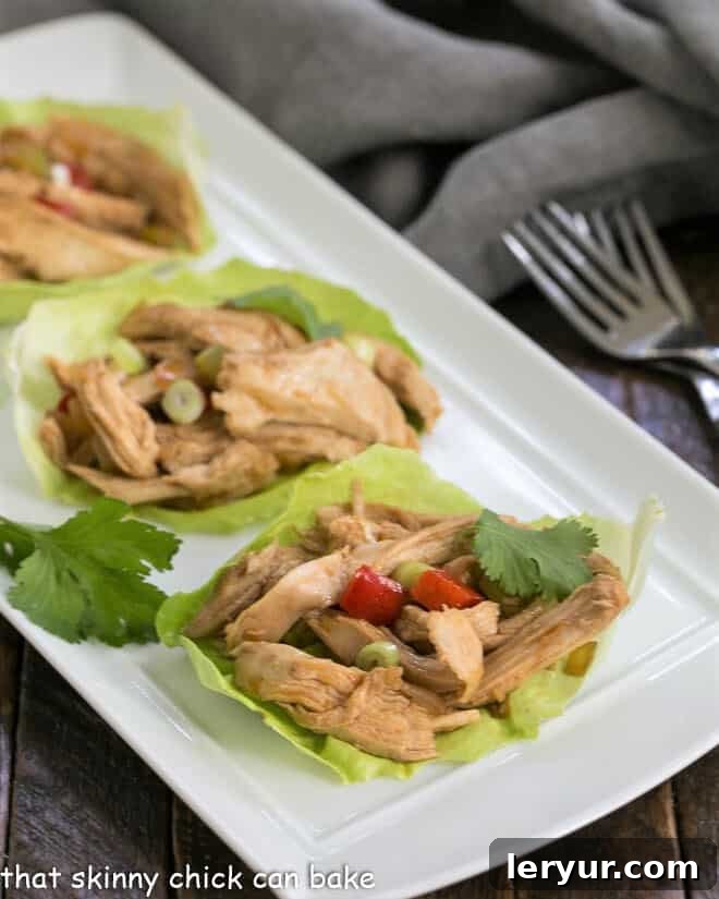 Shredded Chicken Lettuce Wraps on a white tray, showcasing their vibrant colors and appealing presentation.