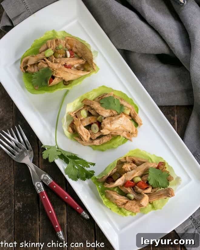 Overhead view of Shredded Chicken Lettuce Wraps on a serving platter, beautifully arranged with fresh garnishes.