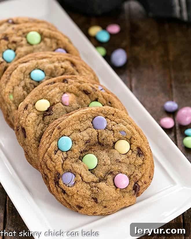 Brown butter cookies speckled with pastel colored Easter M&M's.