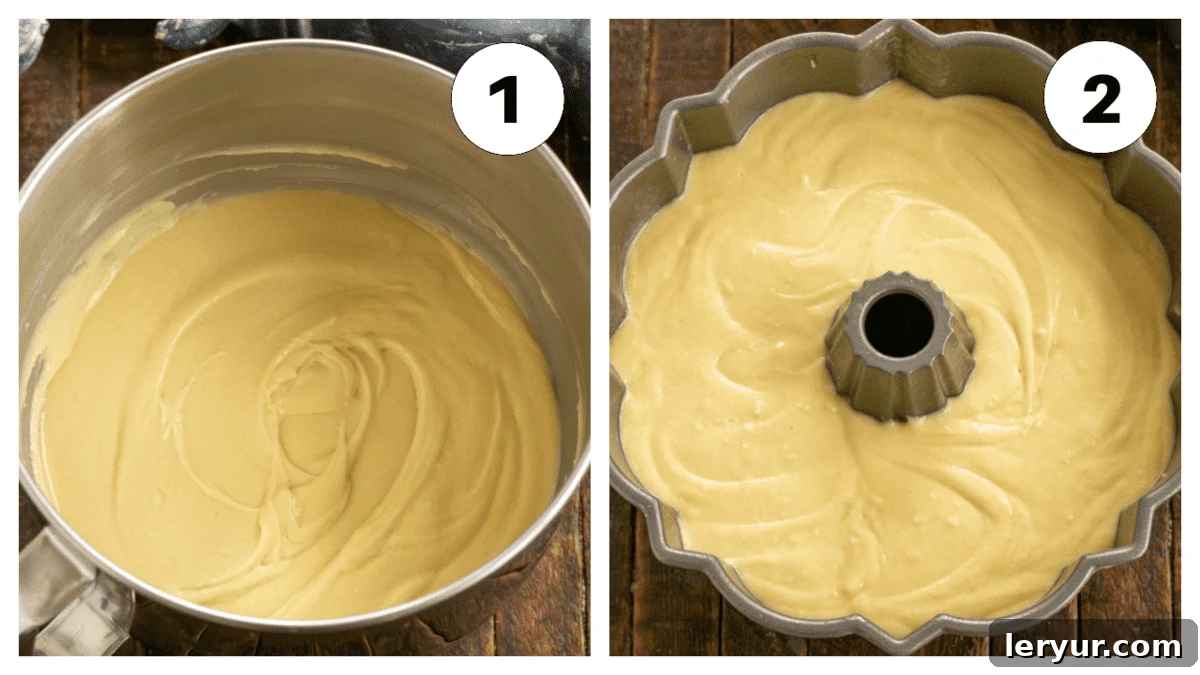Visual steps 1 and 2 for preparing a sour cream pound cake, showing the batter being mixed and transferred to a Bundt pan.