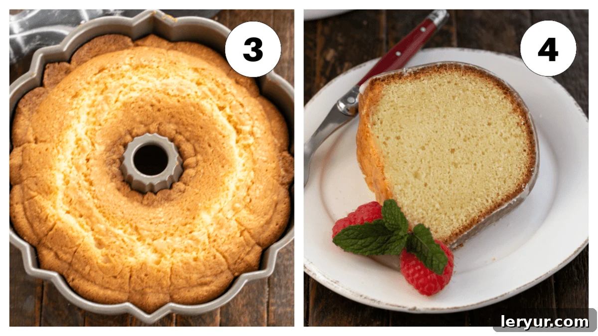 Sour cream pound cake process shots 3 and 4, showing the cake cooling on a rack and a slice ready to be served.