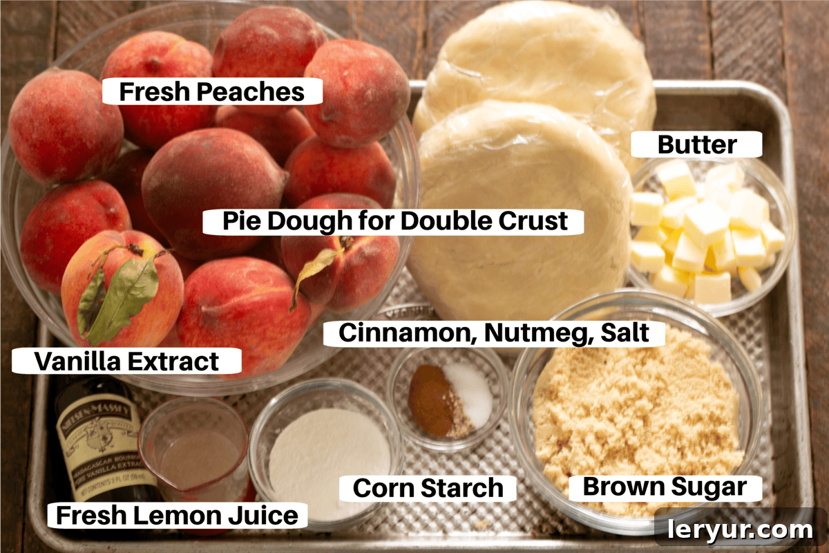 Sweet Summer Peach Lattice Pie 2 Peach Pie Ingredients on a sheet pan with labels.