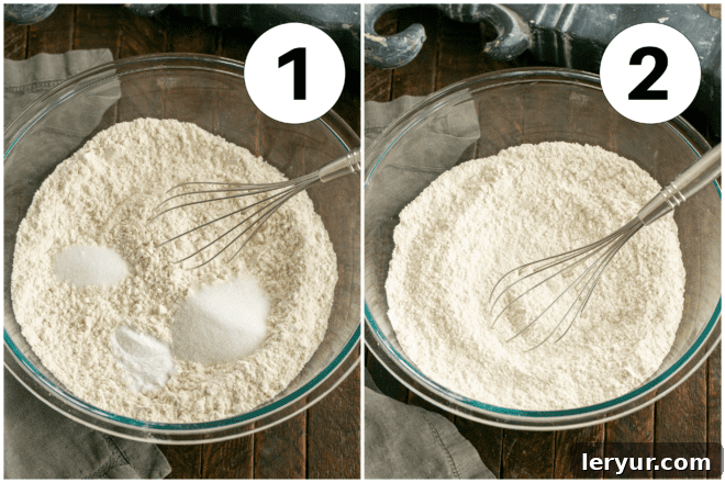 Rustic Irish Soda Loaf 3 Process shots for Irish Soda Bread: 1. Dry ingredients in a bowl. 2. Dry ingredients whisked together.