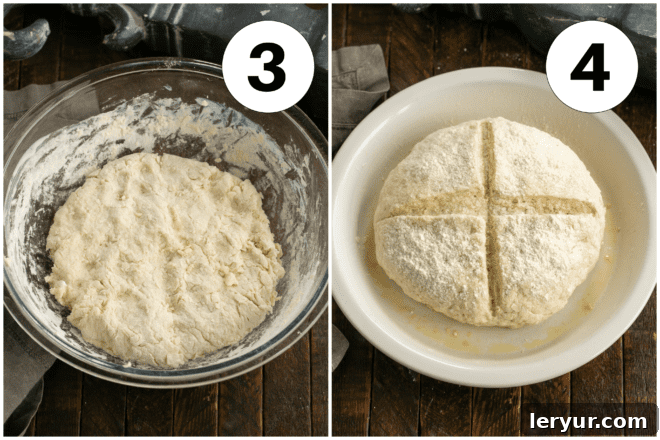 Rustic Irish Soda Loaf 4 Process shots for Irish Soda Bread: 3. Buttermilk added to dry ingredients. 4. Dough kneaded and shaped with an X cut.