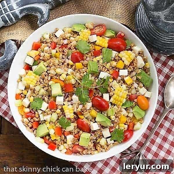 Summer Farro Salad - Farro, cucumbers, avocados, tomatoes and fresh corn dressed with a simple lime vinaigrette Overhead view of a beautifully arranged Summer Farro Salad in a white serving bowl, ready to eat