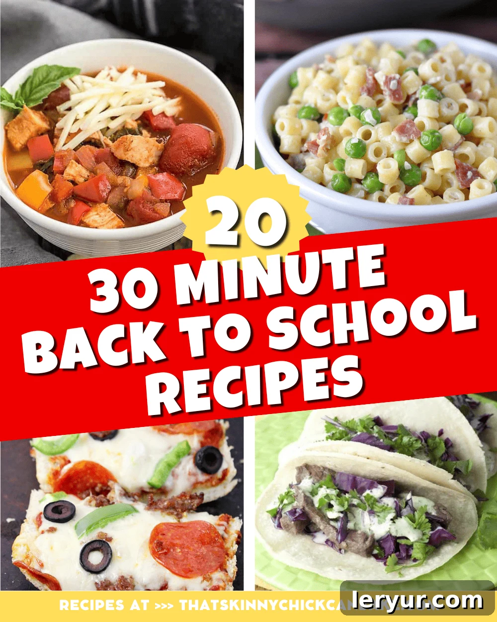 Conquer School Nights: 20+ Quick Meals Under 30 Minutes 2 A vibrant collage of over 20 quick 30-minute back-to-school dinner recipes, featuring various dishes like pasta, chili, stir-fries, and skillet meals, perfect for busy families.