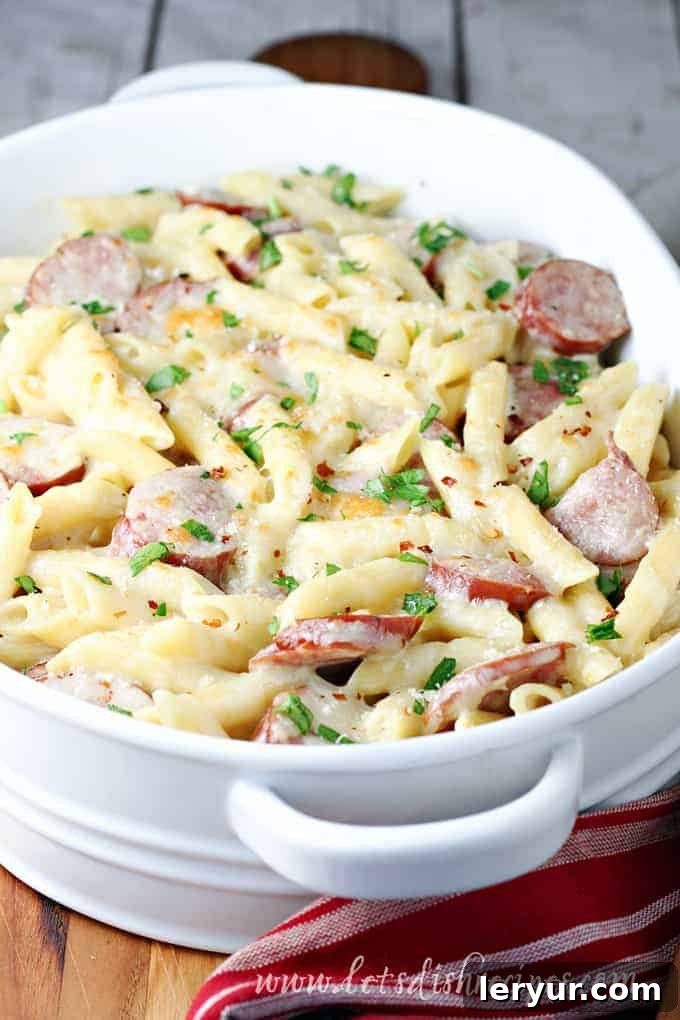 Spicy Smoked Sausage Alfredo Bake, impossible to resist.