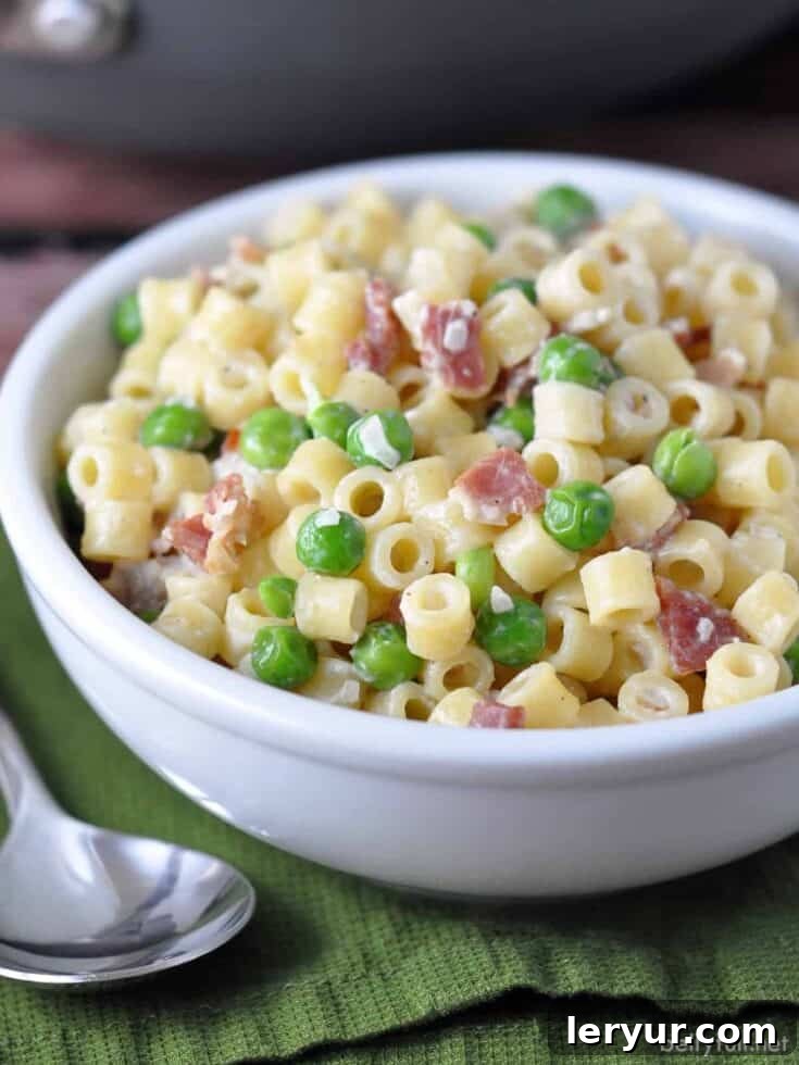 Bacon and Peas Pasta with ditalini pasta, bacon, and peas, loved by the whole gang.