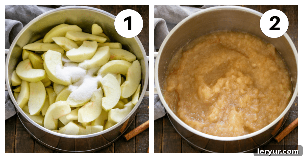 Two numbered photos illustrating the process of making applesauce: cooking sliced apples and mashing them.