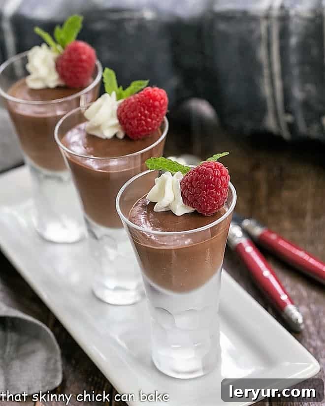 Rich Blender Chocolate Mousse served in elegant cordial glasses, perfectly chilled and ready on a white serving tray.
