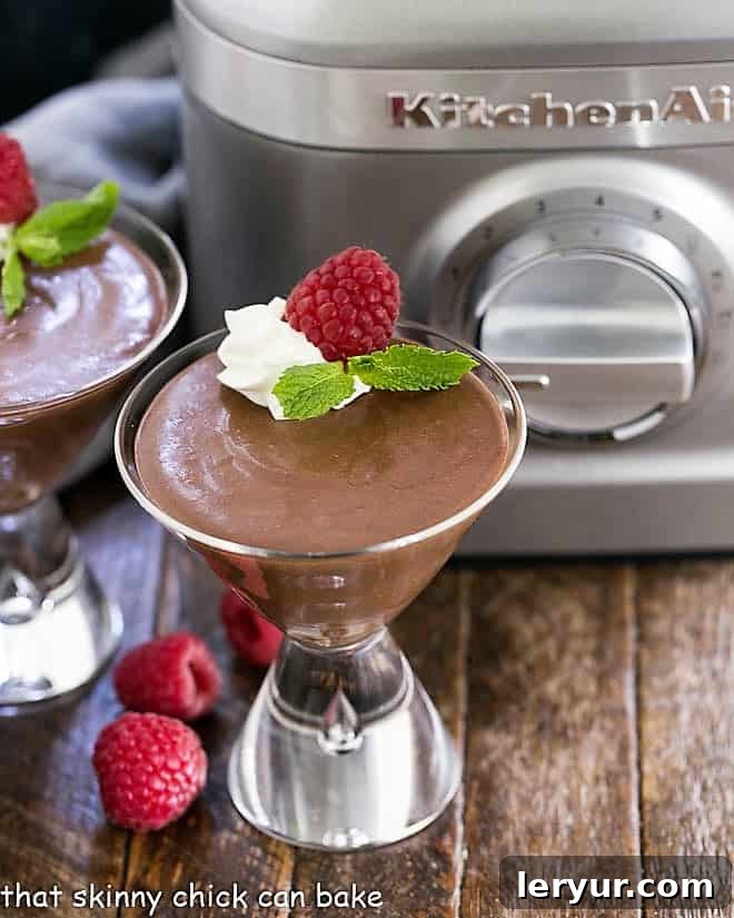 Blender Chocolate Mousse presented beautifully in a martini glass, topped with fluffy whipped cream and vibrant raspberries, ready for a gourmet treat.