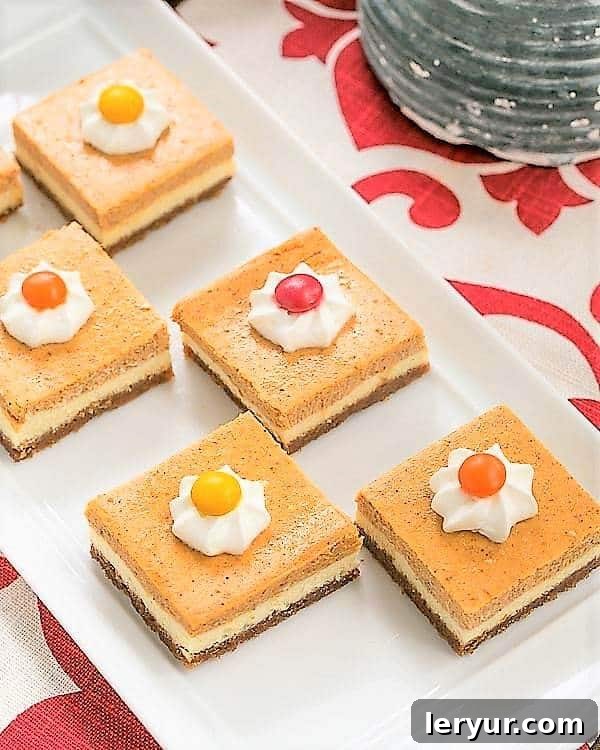 Pumpkin Cheesecake Bars displayed on a rustic white ceramic tray, highlighting their beautiful layers.
