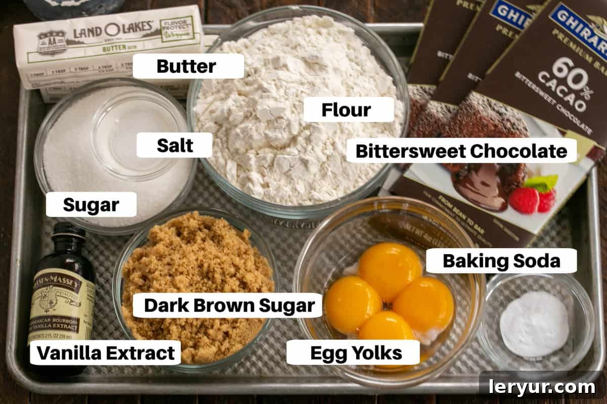Gooey Stacked Chocolate Chip Cookies 2 Layered Chocolate Chip Cookie Ingredients laid out on a sheet pan with labels.