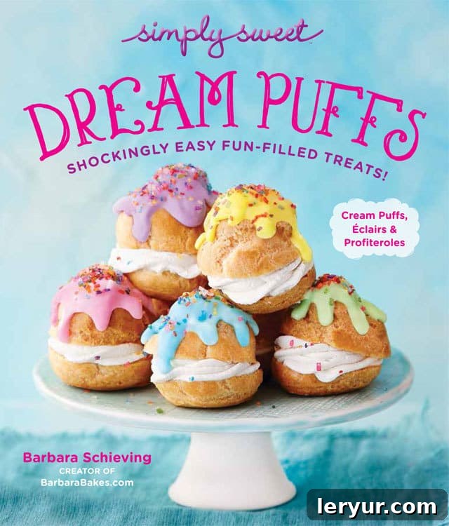 The vibrant cover of the 'Simply Sweet Dream Puffs' ebook, featuring beautiful cream puff photography and inviting readers to explore delicious recipes, including S'mores Cream Puffs.