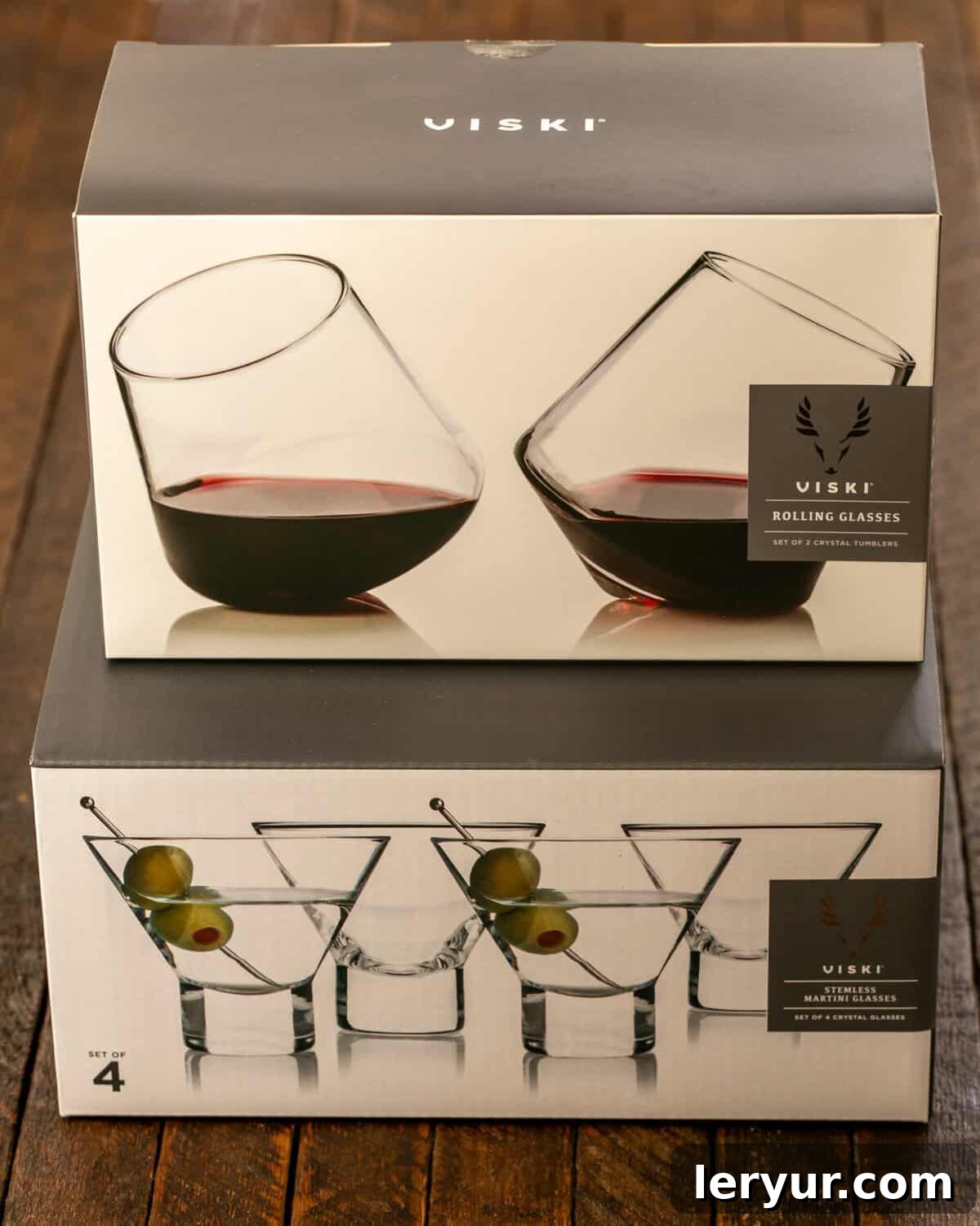 Elevated Grand Marnier Mimosas 3 Two stacked boxes of Viski glasses, showcasing elegant packaging and quality barware.