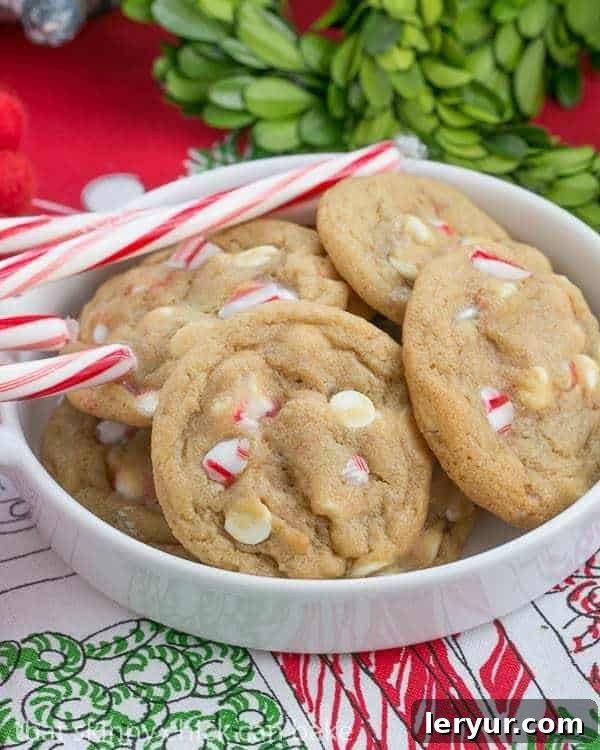 White Chocolate Candy Cane Cookies: A chewy, buttery cookie generously filled with white chocolate chips and crushed candy canes, perfect for holiday gatherings.