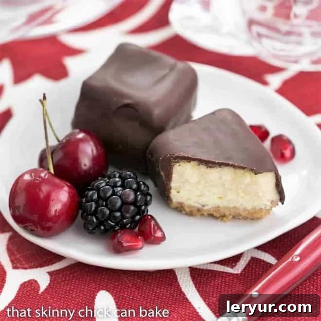 A close-up view of Chocolate Dipped Cheesecake Bites neatly arranged on a small white dessert plate, inviting a taste of their luxurious goodness.