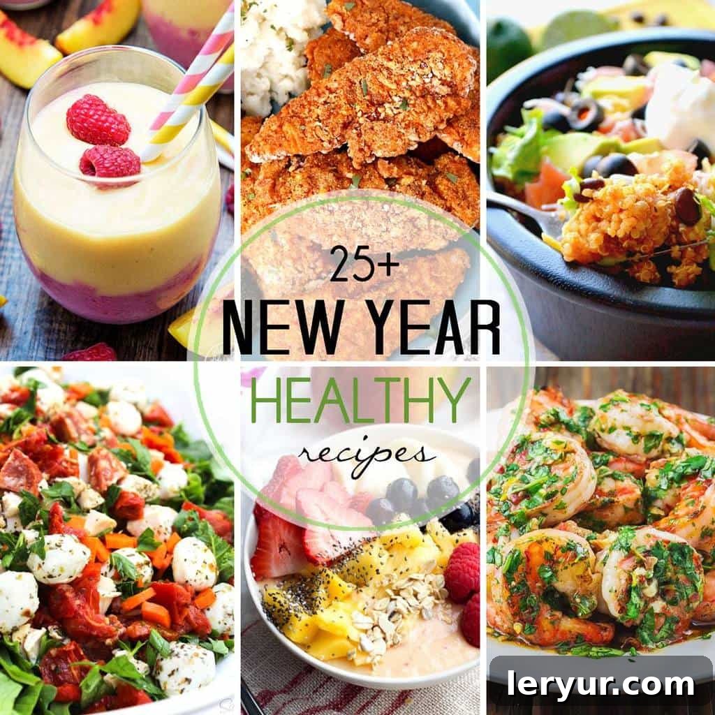 A collage of various healthy recipes, including salads, smoothies, and main dishes, perfect for starting a new year of healthy eating.